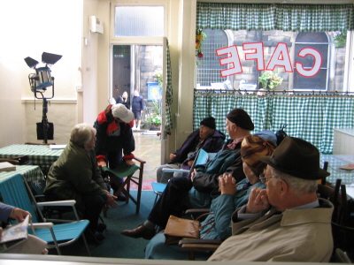 Actors waiting in Sid's during filming Sept 06